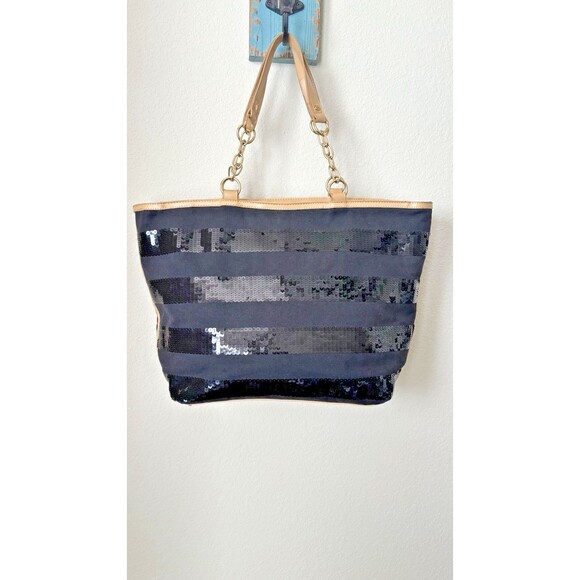 Iman Black Striped Sequined Tan Trimmed Gold Chain Shoulder Straps Tote Bag - Picture 1 of 15